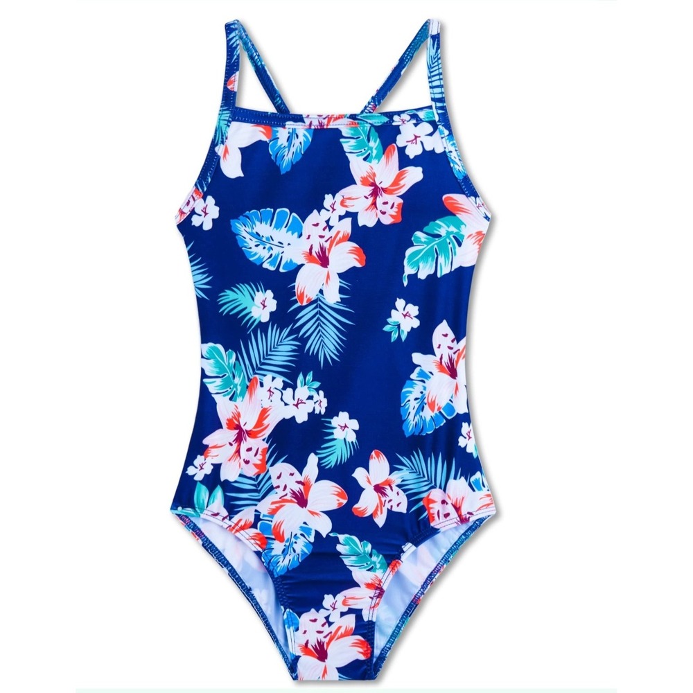 Nokecina Girls One Piece Swimsuit Blue Floral Tropical Hibiscus Swimwear 130 6/7